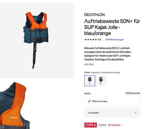 DECATHLON Auftriebsweste 50N+ für SUP Kajak Jolle - blau/orange, versch. Größe - jetzt 20% billiger DECATHLON Auftriebsweste 50N+ für SUP Kajak Jolle - blau/orange, versch. Größe - jetzt 20% billiger