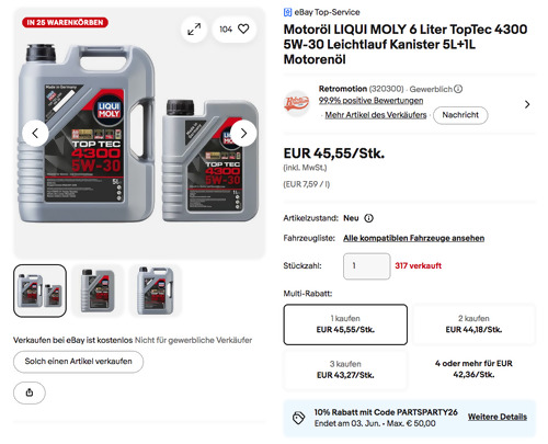 Ebay - 10% Rabatt auf Fahrzeugteile & Zubehör: z.B. LIQUI MOLY 6 Liter TopTec 4300 5W-30 Motoröl Ebay - 10% Rabatt auf Fahrzeugteile & Zubehör: z.B. LIQUI MOLY 6 Liter TopTec 4300 5W-30 Motoröl