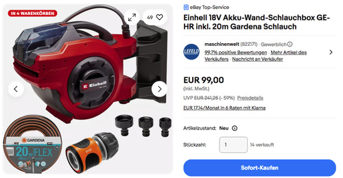 Einhell 18V Akku-Wand-Schlauchbox GE-HR Solo inkl. 20m Gardena Schlauch