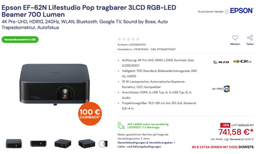 Epson EF-62N Lifestudio Pop 3LCD RGB-LED Beamer, 700 Lumen Epson EF-62N Lifestudio Pop 3LCD RGB-LED Beamer, 700 Lumen