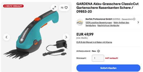 GARDENA 09853-20 Akku-Grasschere ClassicCut Li