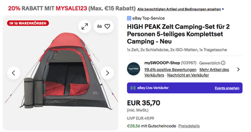 HIGH PEAK Zelt 5-tlg. Camping-Set für 2 Personen HIGH PEAK Zelt 5-tlg. Camping-Set für 2 Personen