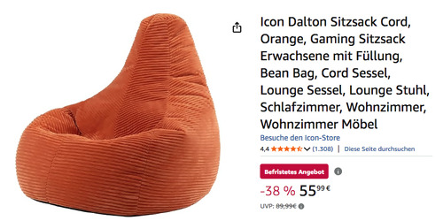 Icon 82 x 82 x 76 cm Dalton Sitzsack Cord in Orange