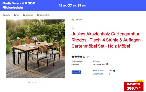 Juskys 5-tlg. Akazienholz Gartengarnitur "Rhodos" inkl. 30 Netto Marken-Discount Filialgutschein Juskys 5-tlg. Akazienholz Gartengarnitur "Rhodos" inkl. 30 Netto Marken-Discount Filialgutschein
