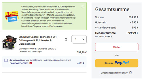 JUSKYS Gasgrill Tennessee 6+1 inkl. 30 Netto Marken-Discount Filialgutschein