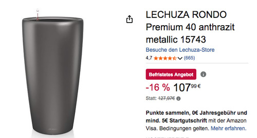 LECHUZA RONDO 15743 Premium 40 Pflanzgefäß in Anthrazit Metallic, inkl. Bewässerungssystem