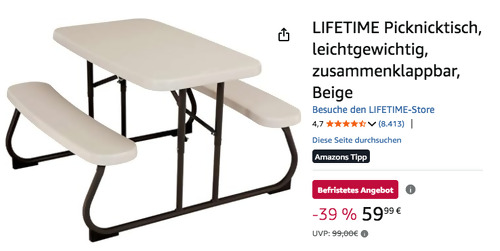LIFETIME 280094 zusammenklappbarer Kinder-Picknicktisch in Beige, 90T x 100B x 82,6H cm