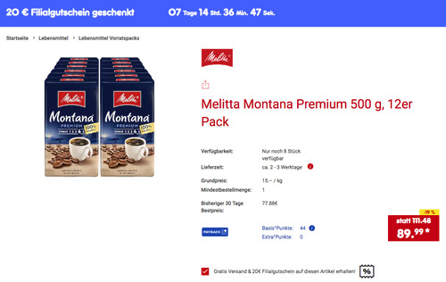 Melitta Montana Premium Filterkaffee 500g 12er Pack inkl. 20 Netto Marken-Discount Filialgutschein Melitta Montana Premium Filterkaffee 500g 12er Pack inkl. 20 Netto Marken-Discount Filialgutschein