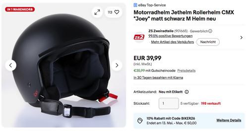 Motorradhelm Jethelm Rollerhelm CMX "Joey" matt schwarz M