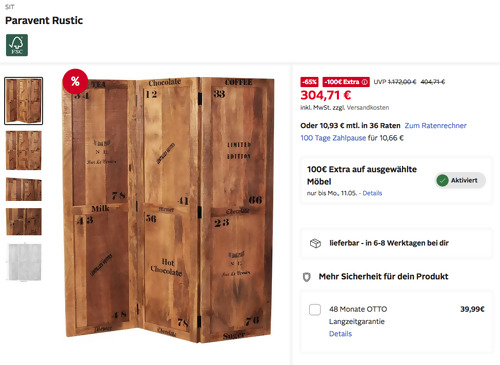 Otto.de - 100 Rabatt auf ausgewählte Möbel: z.B. SIT 150 x 170 cm Paravent "Rustic"