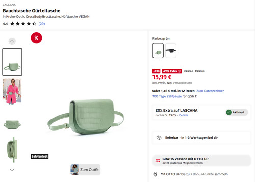 Otto.de - 20% Rabatt auf LASCANA: z.B. LASCANA Bauchtasche Gürteltasche in Kroko-Optik Grün - jetzt 20% billiger Otto.de - 20% Rabatt auf LASCANA: z.B. LASCANA Bauchtasche Gürteltasche in Kroko-Optik Grün - jetzt 20% billiger