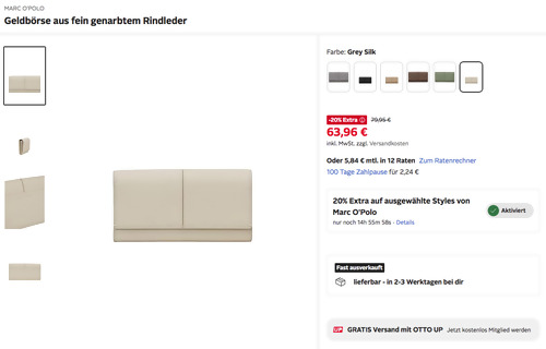 Otto.de - 20% Rabatt auf MARC O'POLO: z.B. MARC O'POLO Geldbörse aus fein genarbtem Rindleder in Grey Silk