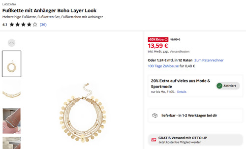 Otto.de - 20% Rabatt auf Mode & Sportmode: z.B. LASCANA Fußkette mit Anhänger Boho Layer Look