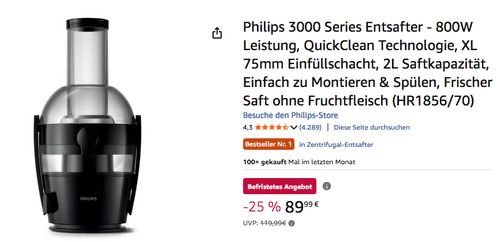 Philips 3000 Series Entsafter HR1856/70, 2 Liter Saftkapazität