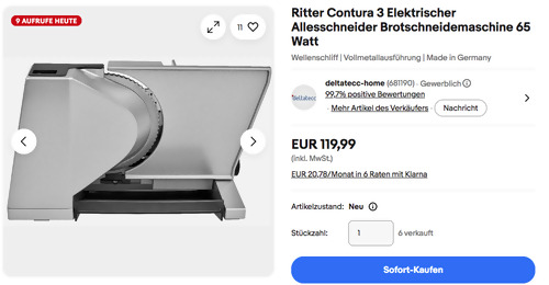 Ritter Contura 3 Elektrischer Allesschneider (Wellenschliff, bis ca. 23 mm Schnittstärkeeinstellung)