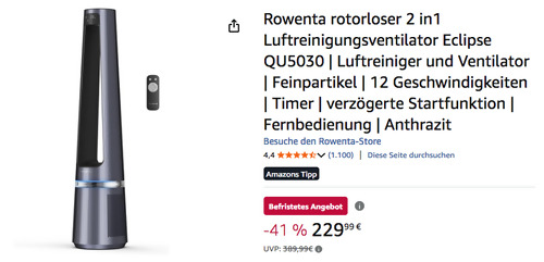 Rowenta QU5030 rotorloser 2 in1 Luftreinigungsventilator Eclipse