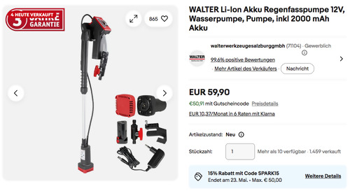 WALTER Li-Ion Akku Regenfasspumpe 12V, bis zu 1500 L/h