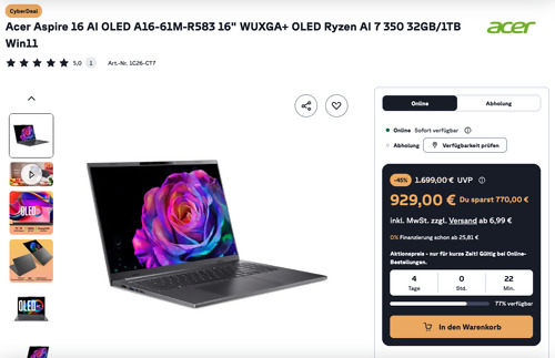 Acer Aspire 16 AI OLED A16-61M-R583 16" Notebook (Ryzen AI 7 350, 32GB, 1TB, Win11)