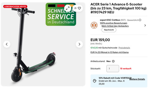 ACER Serie 1 Advance E-Scooter (bis zu 23 km, max. 100 kg)