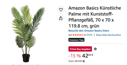 Amazon Basics 119,8 cm Künstliche Palme mit Kunststoff-Pflanzgefäß
