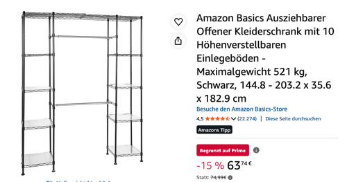 Amazon Basics 144.8 - 203.2 x 35.6 x 182.9 cm Ausziehbarer Offener Kleiderschrank in Schwarz Amazon Basics 144.8 - 203.2 x 35.6 x 182.9 cm Ausziehbarer Offener Kleiderschrank in Schwarz