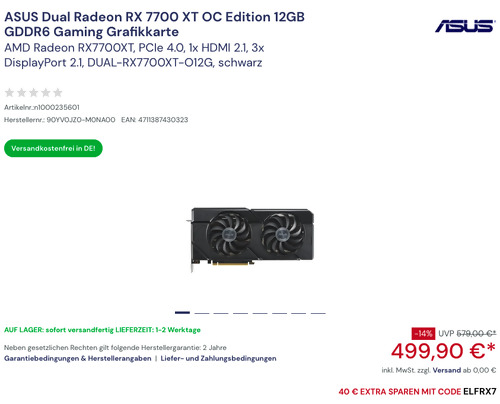 ASUS Dual Radeon RX 7700 XT OC Edition 12GB GDDR6 Gaming Grafikkarte