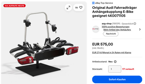 Audi 4K0071105 2 Fahrräder/E-Bikes Anhängekupplung-Fahrradträger, max. 60 kg