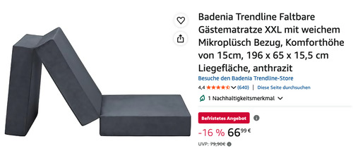 Badenia Trendline 196 x 65 x 15,5 cm Faltbare Gästematratze XXL mit weichem Mikroplüsch Bezug in Anthrazit Badenia Trendline 196 x 65 x 15,5 cm Faltbare Gästematratze XXL mit weichem Mikroplüsch Bezug in Anthrazit