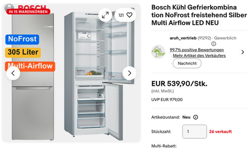 Bosch KGN36NLEA 186 cm Kühl-Gefrier-Kombination, 305 Liter
