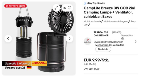 CampLite Breeze 3W COB 2in1 Camping Lampe + Ventilator