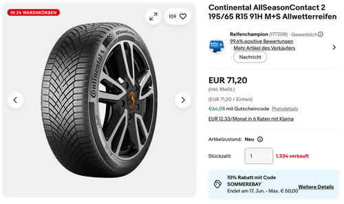 Continental AllSeasonContact 2 195/65 R15 91H M+S Allwetterreifen Continental AllSeasonContact 2 195/65 R15 91H M+S Allwetterreifen