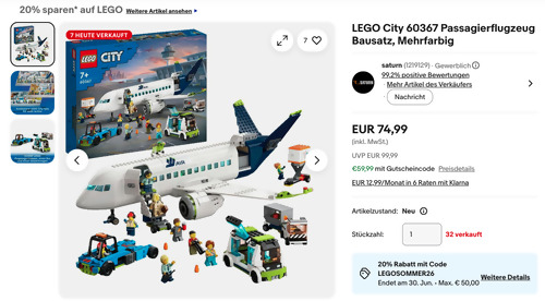 Ebay - 20% Rabatt ausgewählte LEGO Sets: z.B. LEGO City 60367 Passagierflugzeug Bausatz Ebay - 20% Rabatt ausgewählte LEGO Sets: z.B. LEGO City 60367 Passagierflugzeug Bausatz
