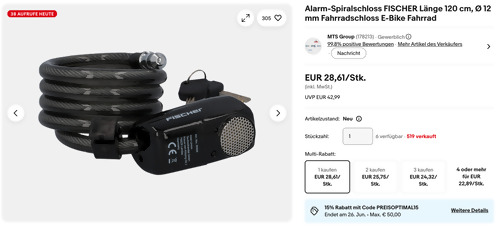 FISCHER  85908 Fahrrad Alarm-Spiralschloss 120 cm