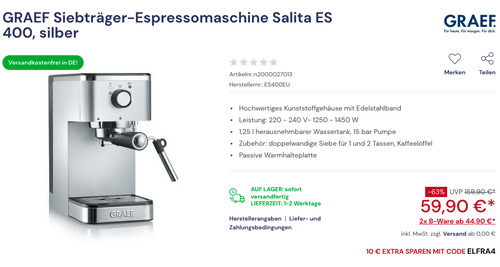 GRAEF Siebträger-Espressomaschine Salita ES 400 in Silber GRAEF Siebträger-Espressomaschine Salita ES 400 in Silber