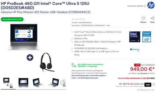 HP D05D2ES#ABD ProBook 460 16-Zoll-Laptop inklusive HP Poly Mission 425 Stereo-USB-Headset