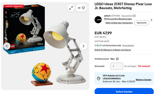 LEGO Ideas 21357 Disney Pixar Luxo Jr. Bausatz LEGO Ideas 21357 Disney Pixar Luxo Jr. Bausatz