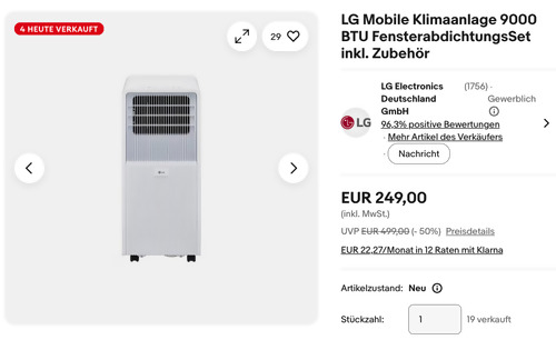 LG Mobile Klimaanlage 9000 BTU mit Fensterabdichtungs?Set inkl. Zubehör