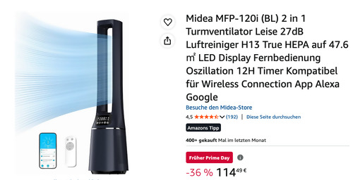 Midea MFP-120i (BL) 2 in 1 Turmventilator (Luftreiniger, Lüfter) Midea MFP-120i (BL) 2 in 1 Turmventilator (Luftreiniger, Lüfter)