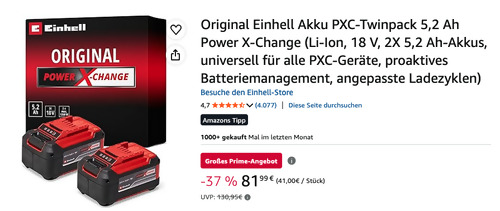 Original Einhell Akku PXC-Twinpack 2X 5,2 Ah-Akkus Power X-Change