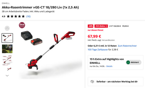 Otto.de - 15% Rabatt auf EINHELL: z.B. EINHELL Akku-Rasentrimmer "GE-CT 18/280 Li" Inkl. Akku und Ladegerät Otto.de - 15% Rabatt auf EINHELL: z.B. EINHELL Akku-Rasentrimmer "GE-CT 18/280 Li" Inkl. Akku und Ladegerät