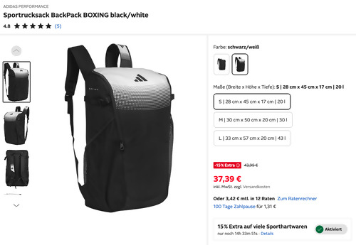 Otto.de - 15% Rabatt auf Sporthartwaren: z.B. ADIDAS PERFORMANCE Sportrucksack BackPack BOXING S black/white Otto.de - 15% Rabatt auf Sporthartwaren: z.B. ADIDAS PERFORMANCE Sportrucksack BackPack BOXING S black/white
