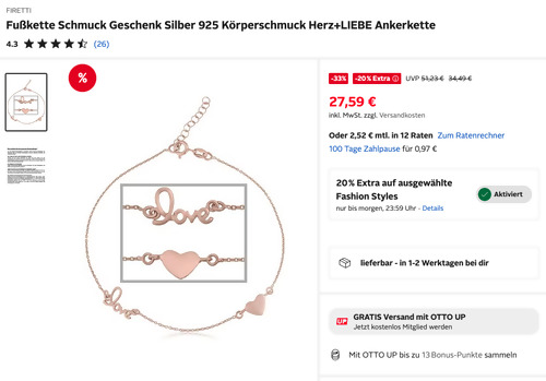 Otto.de - 20% Rabatt auf Fashion Styles: z.B. FIRETTI Fußkette Silber 925 vergoldet Herz+Liebe