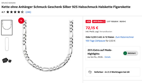 Otto.de - 20% Rabatt auf Mode-Highlights: z.B. BRUNO BANANI Silber 55 cm Silber 925 Figarokette in Silberfarben