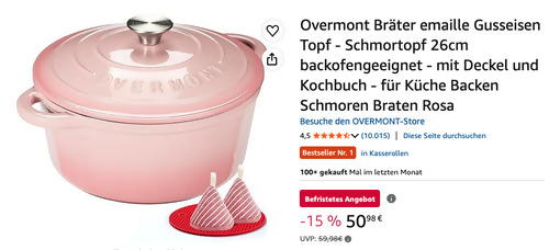 Overmont Emaille Bräter 26cm in Rosa (5,2 Liter, Gußeisen)
