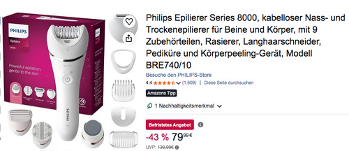 Philips BRE740/10 Nass- und Trockenepilierer für Beine und Körper, 9 Zubehörteile Philips BRE740/10 Nass- und Trockenepilierer für Beine und Körper, 9 Zubehörteile