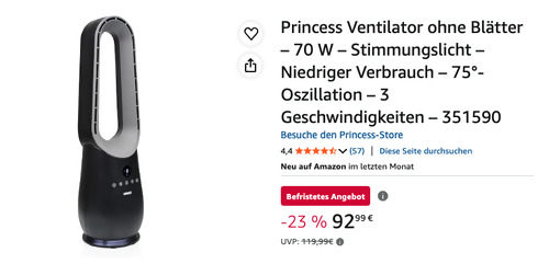Princess 351590 85 cm Ventilator ohne Blätter (70 W, Stimmungslicht, 75°-Oszillation)
