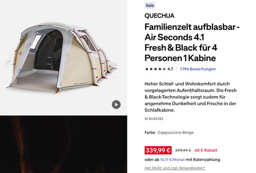 QUECHUA Air Seconds 4.1 Fresh & Black Familienzelt aufblasbar für 4 Personen