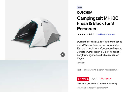 QUECHUA Campingzelt MH100 Fresh & Black für 3 Personen QUECHUA Campingzelt MH100 Fresh & Black für 3 Personen