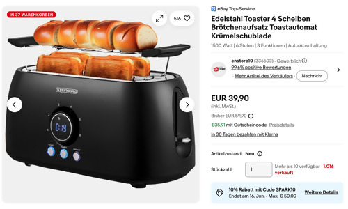 Steinborg SB-2212 4 Scheiben Toaster, extralange Toastschlitze Steinborg SB-2212 4 Scheiben Toaster, extralange Toastschlitze