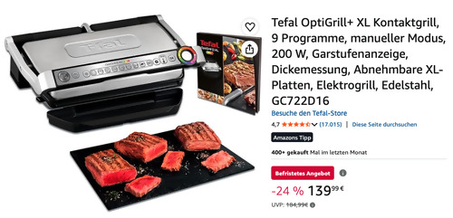 Tefal GC722D16 Optigrill+ XL Kontaktgrill, 9 Programme Tefal GC722D16 Optigrill+ XL Kontaktgrill, 9 Programme